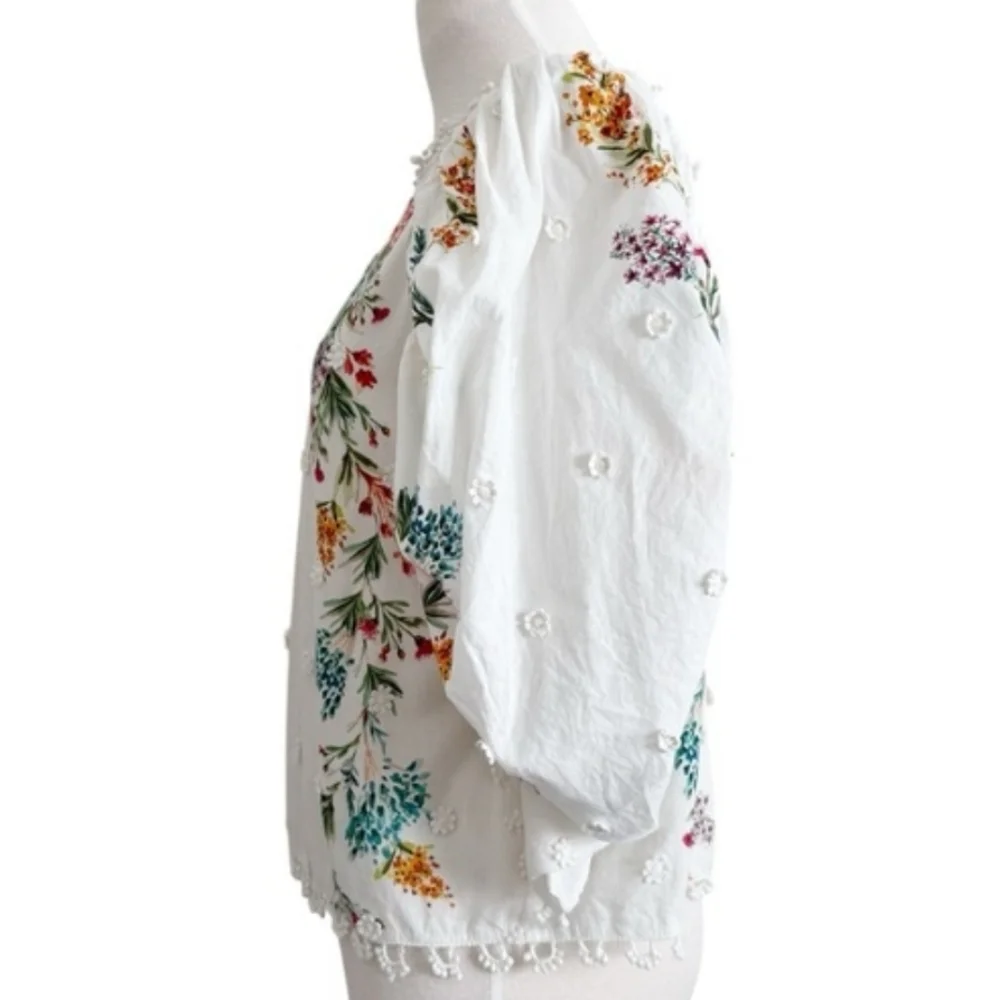 FARM RIO Louise Floral White Multi Floral Puff Sleeve Top M Like New RARE - Picture 10 of 16